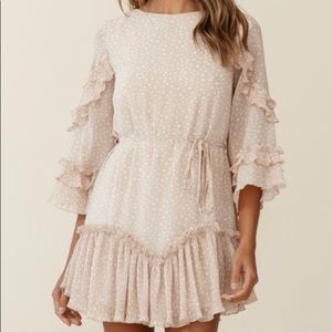 3/4 Sleeve Accordion Pleat Dress Spot Print Nude